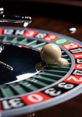 Fototapeta premium Close up of an ivory ball spinning on a roulette wheel in a casino. Gambling and betting concept