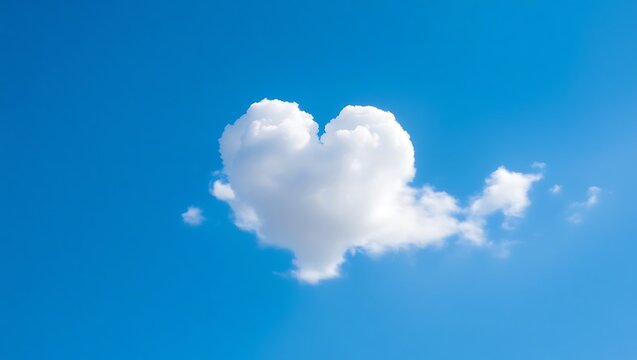 A single white cloud shaped like a heart floats in a bright blue sky during a sunny day outdoors