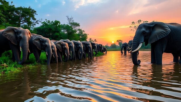 A herd of elephants drinking water from a river at sunset with trees in the background landscape view - Powered by Adobe
