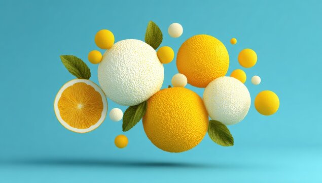 A vibrant arrangement of citrus fruits and leaves in a dynamic display against a light blue background.