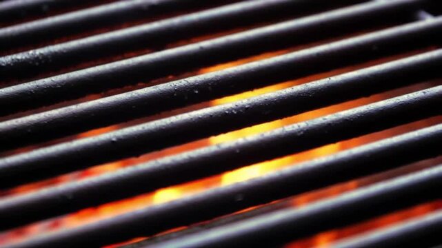 Fire grill Close-up of a hot grill grate with glowing orange flames underneath barbecue metal