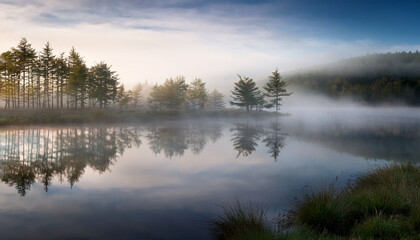 Obraz premium A Serene Foggy Landscape With Reflections On Water Creating An Ethereal Atmosphere