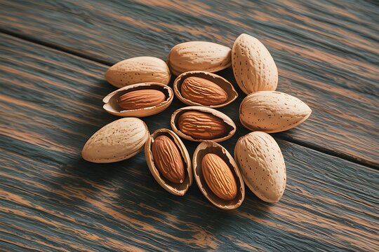 Enjoy fresh almonds in shells on rustic wood surface for healthy snack food or baking ingredient ideas