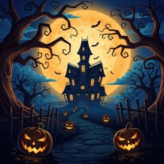 Spooky haunted house on a hill under a full moon with jackolanterns and bare trees