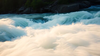 Turbulent river with white water rapids flowing rapidly through a rocky landscape with dark rocks