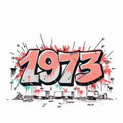 Obraz premium Graffiti art year 1973 with pink and grey shading and trucks on a white background number