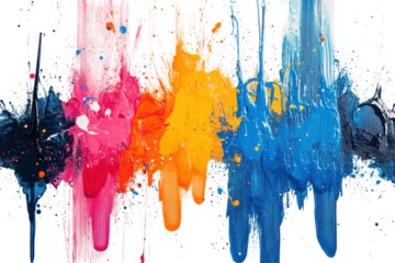 Rainbow paint splatters dripping down, vibrant hues of orange, yellow, pink, purple, blue, and aqua isolated against a clean white background