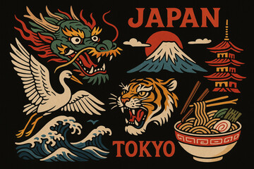 Japanese tattoo style illustration with dragon, tiger, crane, Mount Fuji, and Tokyo elements on black background
