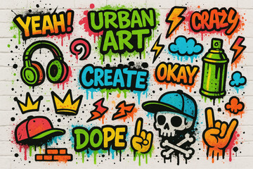 Graffiti street art style illustration with colorful doodles and hand-drawn elements on white wall background