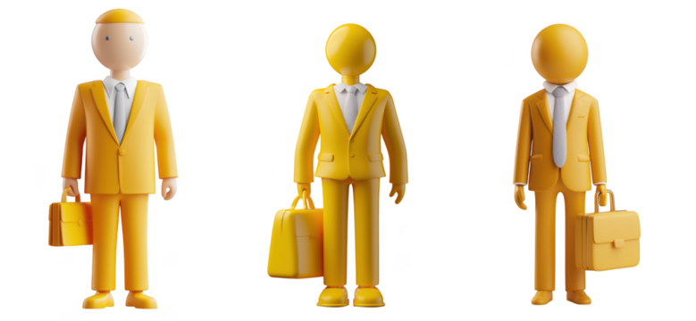 Three stylized 3d figures in yellow suits holding briefcases, isolated on a transparent background