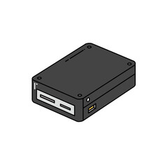 Obraz premium External hard drive sits on white surface, showcasing its ports and sleek black casing, representing data storage and modern technology.