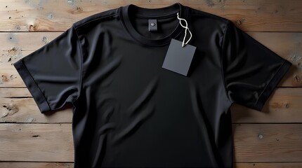 Large blank tag on black shirt on wooden table