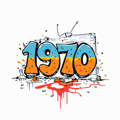 Graffiti art year 1970 in blue and orange with broken objects and red paint splatters urban street art