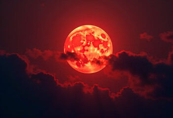 a blood moon in the night sky, deep red glowing full moon with dramatic clouds, dark atmosphere, mystical landscape, high resolution, cinematic lighting