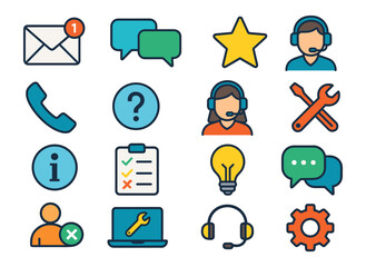 Colorful flat style communication and support icons for digital platforms