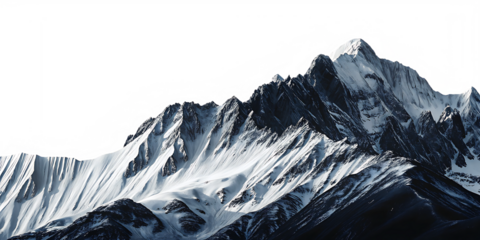Jagged snow covered mountain peaks isolated on a transparent background winter