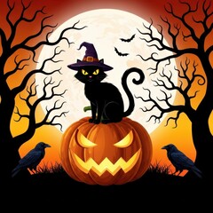 Black cat wearing a witch hat sits on a carved pumpkin with spooky trees and a full moon behind it