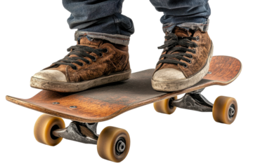 Person wearing jeans and sneakers standing on a skateboard ready to ride outdoors
