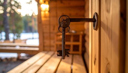 An ornate key hangs in the wooden door of a cabin, suggesting access and possibility. Natural light from outdoors illuminates the warm wood tones. Shallow depth of field enhances focus