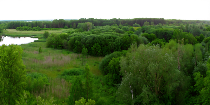 Lush green forest and meadow landscape with pond isolated on a transparent background - Powered by Adobe