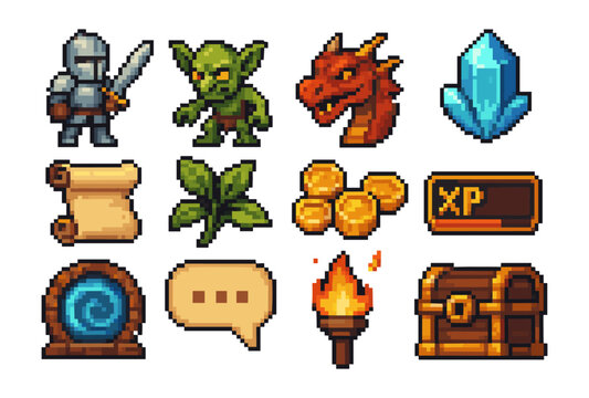 Pixel art fantasy icons: knight, goblin, dragon, gem, scroll, and more