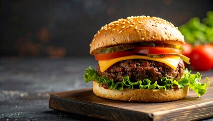 Close-up of a juicy cheeseburger on a wooden board