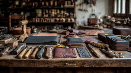 Florentine artisan handcrafting leather goods in Renaissance-style workshop, traditional tools on wooden bench
