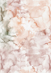 Watercolor background in shades of terracotta, pink and green. Blurred transitions create the effect of clouds or marble texture, perfect for boho design, backgrounds, posters, cards and packaging.