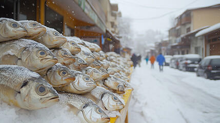 Fresh whole fish are piled on a market stall covered with ice and falling snow on a cold winter day.
