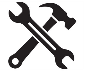 Black silhouette of wrench and hammer crossed vector illustration