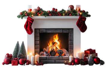 Fire burns in stone fireplace decorated with festive holiday garland and pine cones for christmas