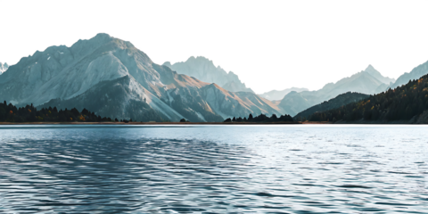 Majestic mountain range reflected in calm lake water isolated on a transparent background