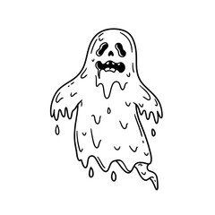 Cartoon ghost with a spooky expression dripping in black outline  