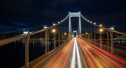 Nighttime Bridge Traffic Trails Across a Suspension Bridge