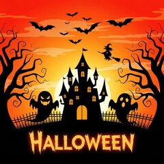 Naklejka premium Spooky halloween castle with ghosts, bats, and witch flying in the night sky