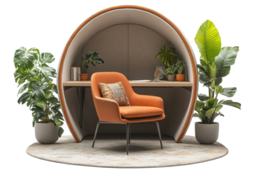 Modern wood study pod with computer, plants, and office chair for a stylish and isolated home office environment
