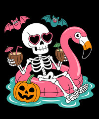 Funny Summerween Skeleton Floating in Flamingo Cute Spooky