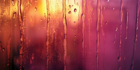 Obraz premium Abstract streaks of water droplets on glass with warm golden and pink light background