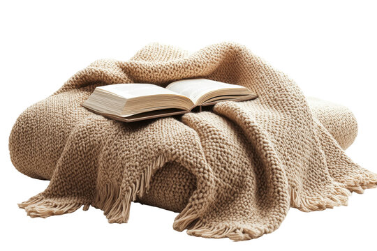 Book resting on a folded plaid blanket with fringes against white background