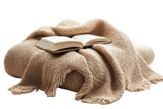 Book resting on a folded plaid blanket with fringes against white background