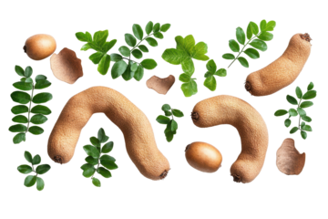 Tamarind pod and pulp with green fern leaves on white, creating a decorative, fresh, and natural arrangement for food design and decoration