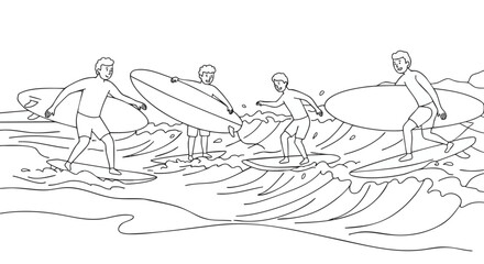Surfers catching waves A line art illustration
