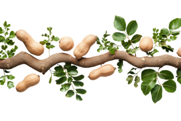 Tamarind pod and pulp with green fern leaves on white, creating a decorative, fresh, and natural arrangement for food design and decoration