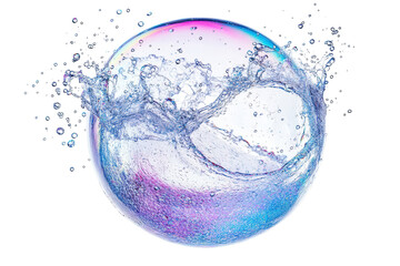 Naklejka na ściany i meble Popping soap bubble with water particles and rainbow reflections in white background