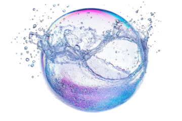 Popping soap bubble with water particles and rainbow reflections in white background