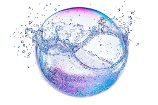 Popping soap bubble with water particles and rainbow reflections in white background