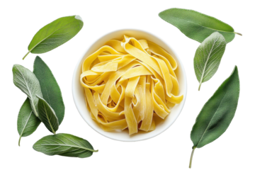Fresh uncooked pasta in wooden bowl with sage leaves on isolated white background, representing Italian cuisine