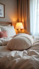Cozy bedroom, soft lighting highlights a plush tummy-shaped cushion on a bed with fluffy bedding  Perfect for relaxation and comfort ,  fluffy,  shaped,  comfort