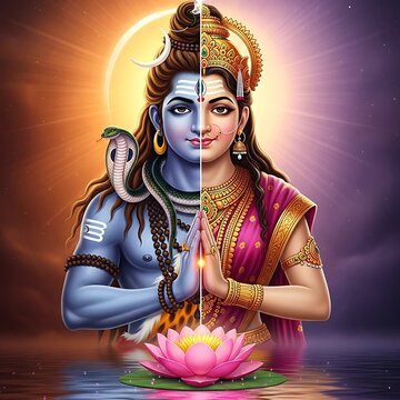 Divine union of lord shiva and goddess parvati as ardhanarishvara in a spiritual cosmic scene