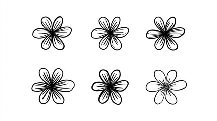 Simple black-and-white outlines of six six-petal flowers in a symmetrical arrangement